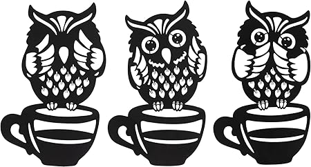 BLIND SHOP Metal Owl Wall Decor with Coffee Cup Design, Set of 3, Metal ArtBlack Wall Art for Home, Office, Living Room, 28L x 32W