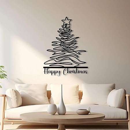 BLIND SHOP Happy Christmas Metal Wall Art, Thanksgiving Unique Metal Line Wall Decor, Pine Tree Line Art, Personalized Christmas Sign, Christmas Gift