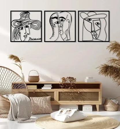 Picasso Faces Metal Wall Art Set of 3, Abstract Woman Figure Wall Art, Minimalist Line Art Wall Decor,Modern Living Room Art,Gallery Artwork - My Store