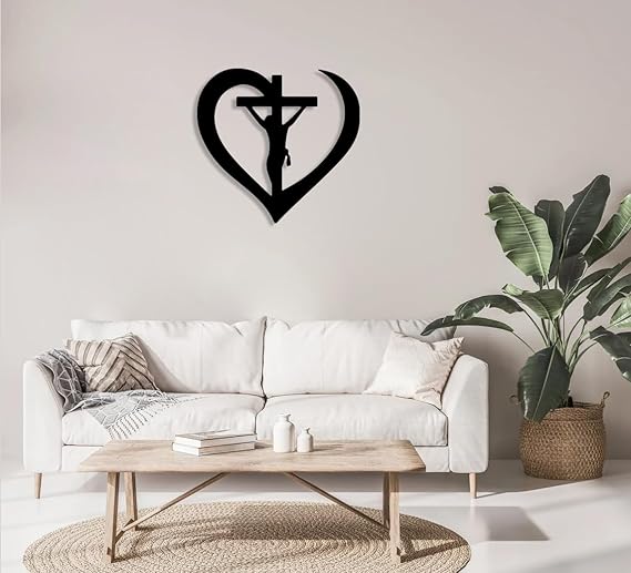 trademubarak Jesus in Abstract Heart - Modern Christian Wall A Jesus in Cross Christian Wall Décor - Jesus Wall Art, Christian Metal Wall Art (45 cm 18 inches 1.5 feet, Matte Black)