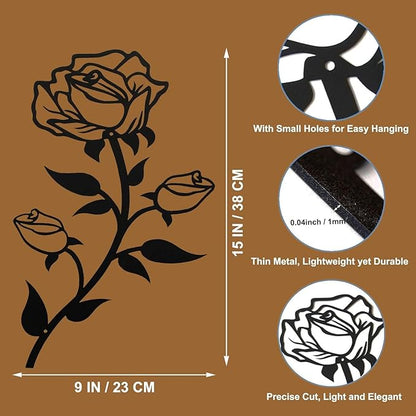 Rose Flower Wall Decor,15“H Black Metal Art Ornament Wall Hanging for Indoor Outdoor Home Bedroom Office (2 Pieces) - My Store