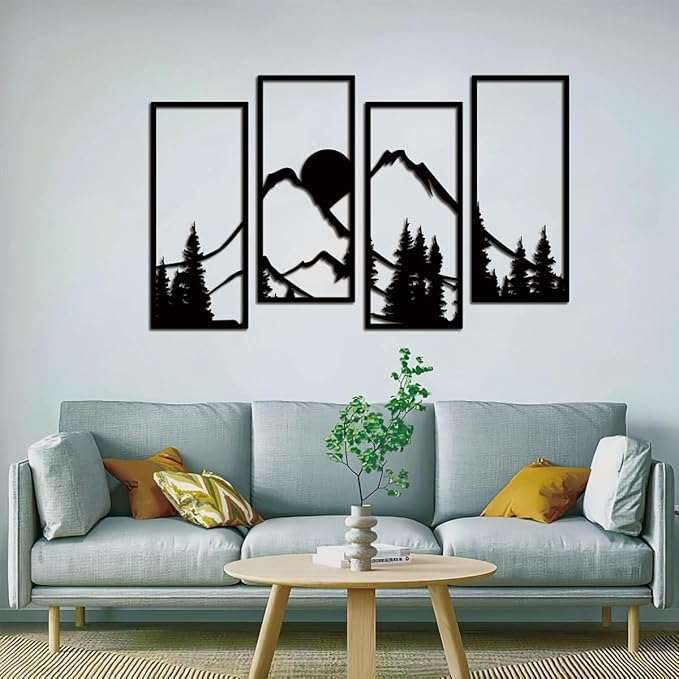 Metal Sunset Mountain Forest Wall Decor Set of 4, Abstract Minimalist Line Drawing Large Mountains Wall Art Home Decor for Living Room Bathroom Bedroom Office(Black Style) - My Store