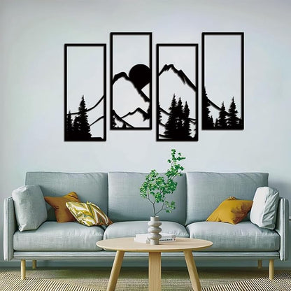 Metal Sunset Mountain Forest Wall Decor Set of 4, Abstract Minimalist Line Drawing Large Mountains Wall Art Home Decor for Living Room Bathroom Bedroom Office(Black Style) - My Store