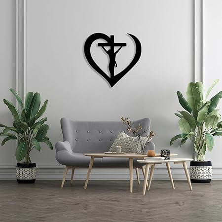 BLIND SHOP Crucifixion of Jesus in Abstract Heart - Modern Christian Wall A Jesus in Cross Christian Wall Décor, Christian Metal Wall Art for Living Room, Bedroom, Church, or Office (42x40x1.5 CM)