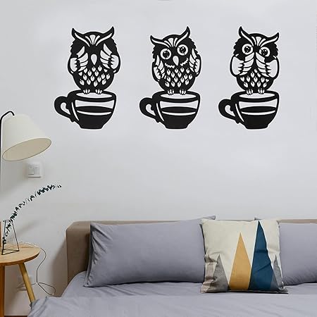 BLIND SHOP Metal Owl Wall Decor with Coffee Cup Design, Set of 3, Metal ArtBlack Wall Art for Home, Office, Living Room, 28L x 32W
