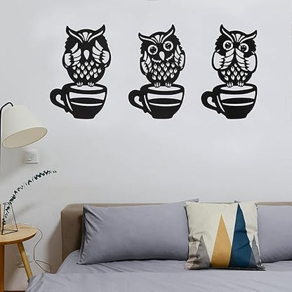 BLIND SHOP Metal Owl Wall Decor with Coffee Cup Design, Set of 3, Metal ArtBlack Wall Art for Home, Office, Living Room, 28L x 32W