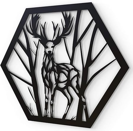 BLIND SHOP JustComfy - Black Metal Wall Art - 37 x 32 cm - Ideal for Living Room and Hallway - Deer