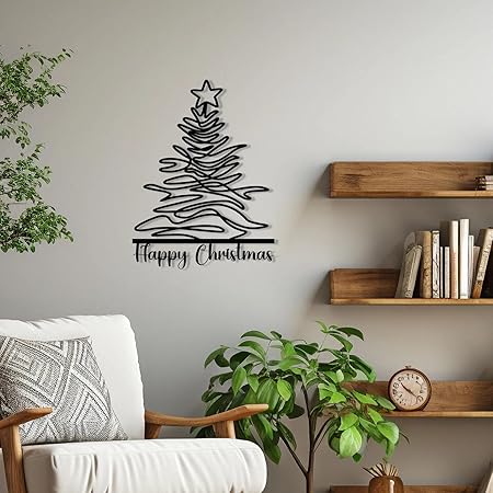BLIND SHOP Happy Christmas Metal Wall Art, Thanksgiving Unique Metal Line Wall Decor, Pine Tree Line Art, Personalized Christmas Sign, Christmas Gift