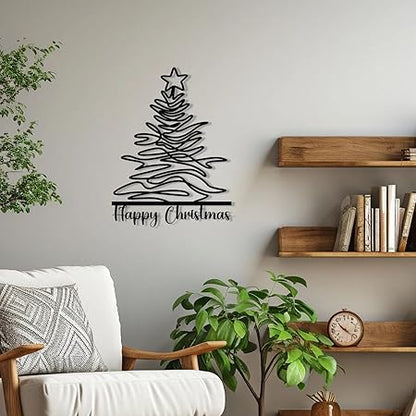 BLIND SHOP Happy Christmas Metal Wall Art, Thanksgiving Unique Metal Line Wall Decor, Pine Tree Line Art, Personalized Christmas Sign, Christmas Gift
