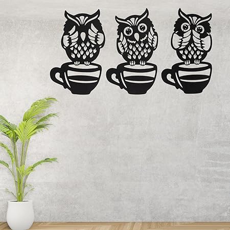 BLIND SHOP Metal Owl Wall Decor with Coffee Cup Design, Set of 3, Metal ArtBlack Wall Art for Home, Office, Living Room, 28L x 32W