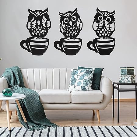 BLIND SHOP Metal Owl Wall Decor with Coffee Cup Design, Set of 3, Metal ArtBlack Wall Art for Home, Office, Living Room, 28L x 32W