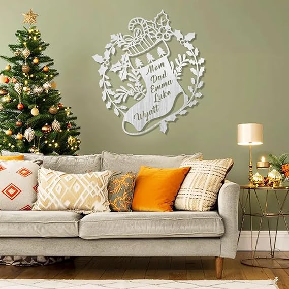 BLIND SHOP Personalized Christmas Stocking with Names Metal Wall Art | Custom Christmas Stockings Sign | Metal Christmas Wall Décor | Unique Holiday Decoration for Home, Living Room, or Fireplace