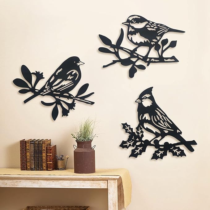 Wall hanging animal wall decoration, metal statue pendant, silhouette art wall decoration, hanging indoor, outdoor, nature style, bird wall hanging set of 3 - My Store