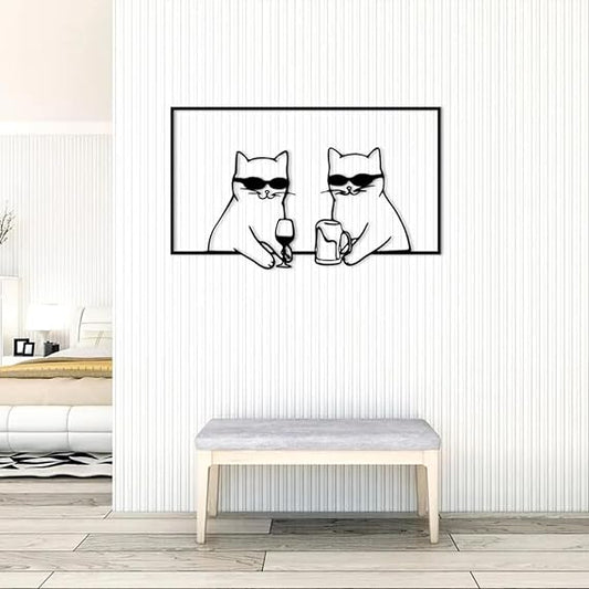 BLIND SHOP Cool Cats Drinking Metal Wall Art, Fun Black Cat Wall Hanging, Minimalist Line Art, Animal Metal Wall Art, Metal Wall Decor, Metal Wall Art (50X33X1.5 CM)