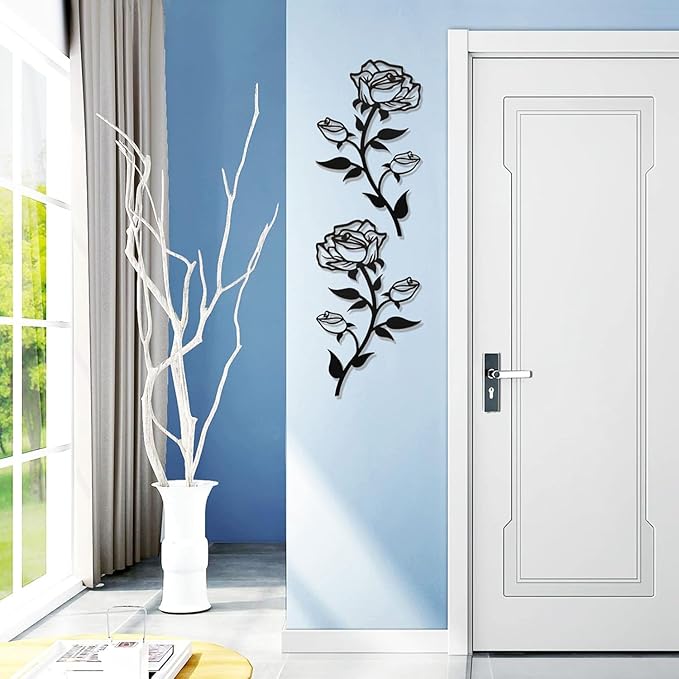 Rose Flower Wall Decor,15“H Black Metal Art Ornament Wall Hanging for Indoor Outdoor Home Bedroom Office (2 Pieces) - My Store