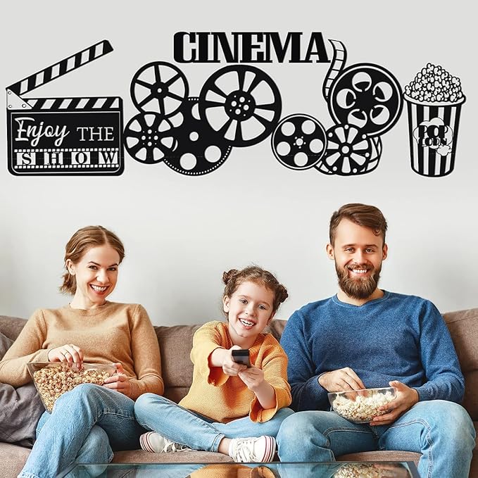 5 Pieces Metal Movie Theater Decor Set - Home Movie Theater Room Decor, Cinema & Popcorn Wall Art, Metal Movie Reel Wall Sign, Theater Action Sign for Movie Theme Party Decorations, Home Office & Studio Decor - My Store