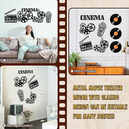 5 Pieces Metal Movie Theater Decor Set - Home Movie Theater Room Decor, Cinema & Popcorn Wall Art, Metal Movie Reel Wall Sign, Theater Action Sign for Movie Theme Party Decorations, Home Office & Studio Decor - My Store