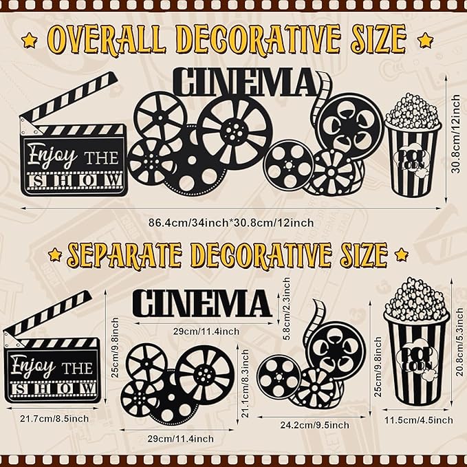 5 Pieces Metal Movie Theater Decor Set - Home Movie Theater Room Decor, Cinema & Popcorn Wall Art, Metal Movie Reel Wall Sign, Theater Action Sign for Movie Theme Party Decorations, Home Office & Studio Decor - My Store