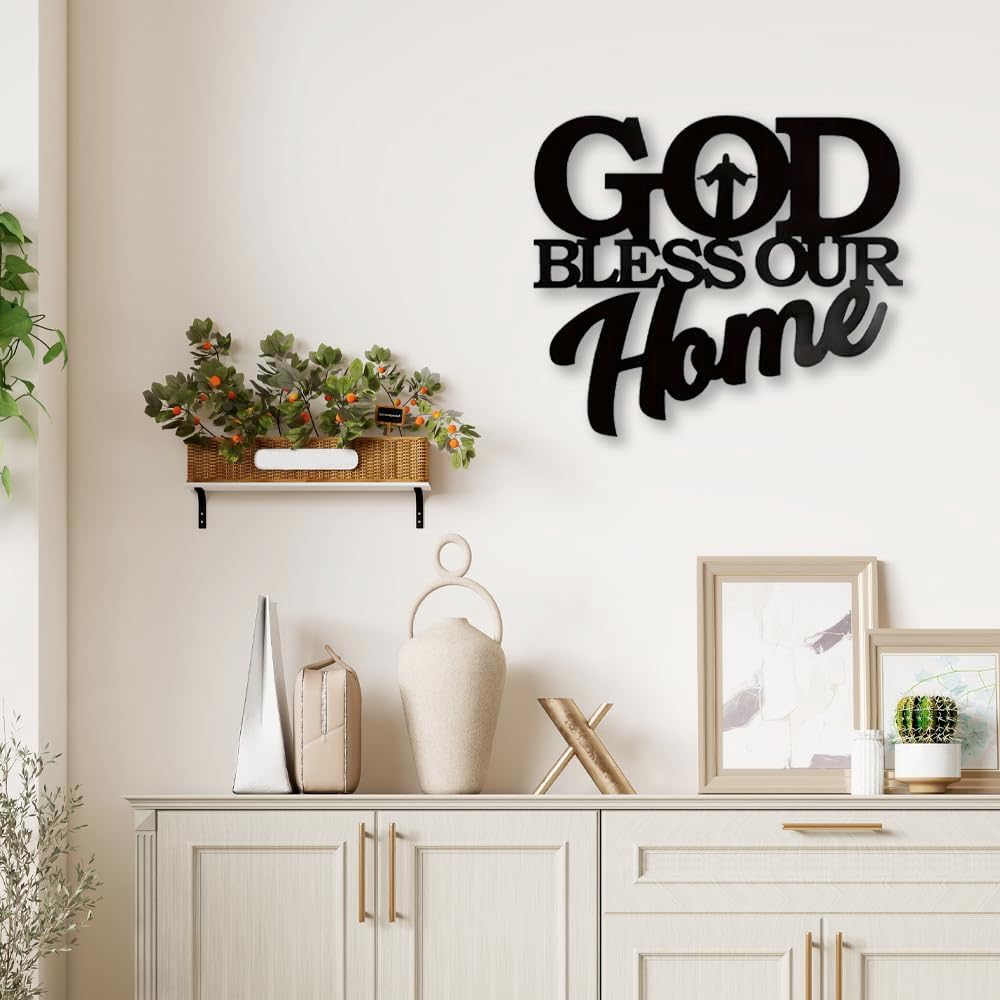 God Bless Our Home Wall Decor Metal Blessed Sign Black Christian Wall Art Rustic Home Decoration for Believers Bedroom Farmhouse E-48