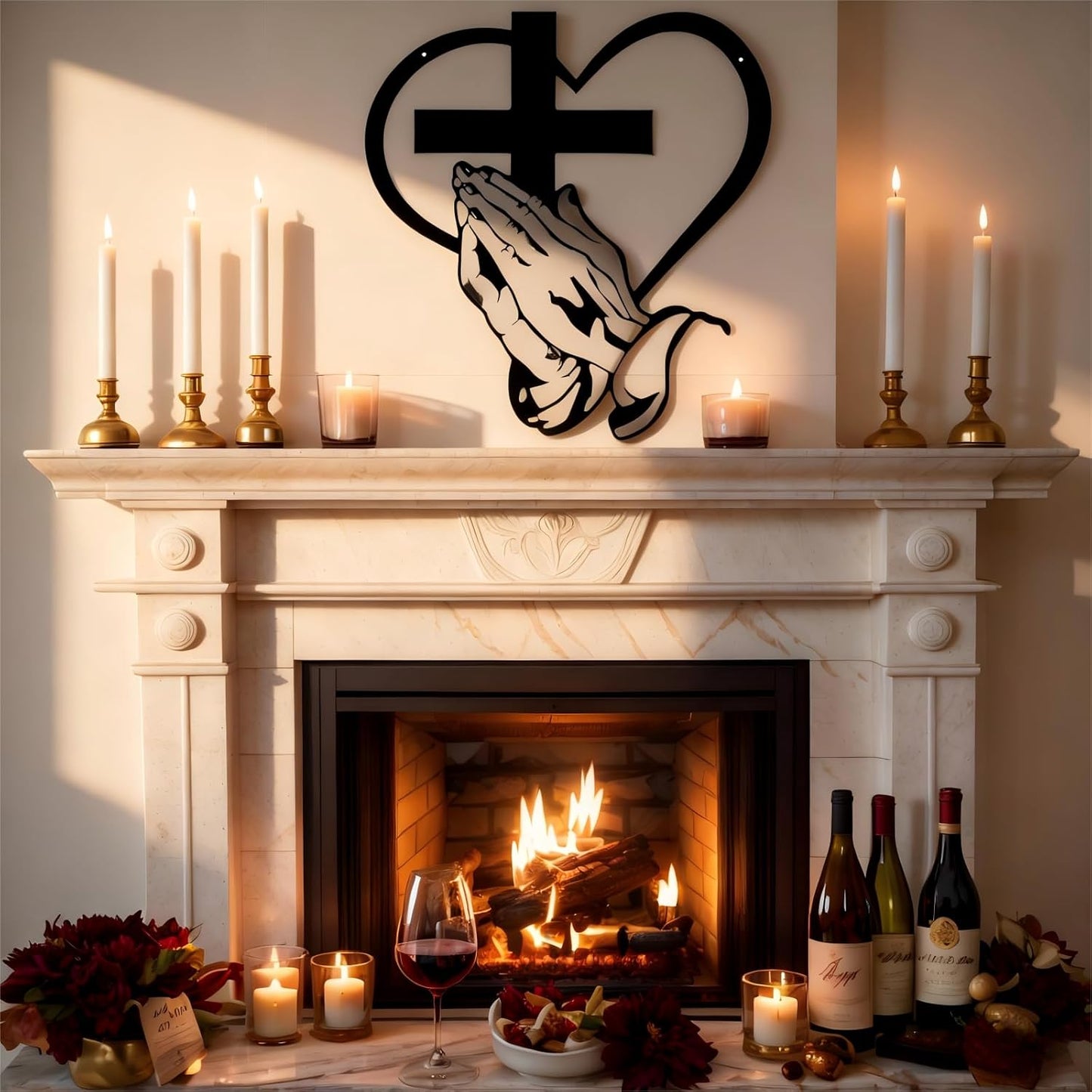 Easter Elegant Metal Christian Heart & Cross Wall Decor Art, Praying Hands Design 12" Iron Sacred Heart Sign Plaques Decorative for Office, Living Room, Patio Farmhouse Decor (1Pcs) E-50