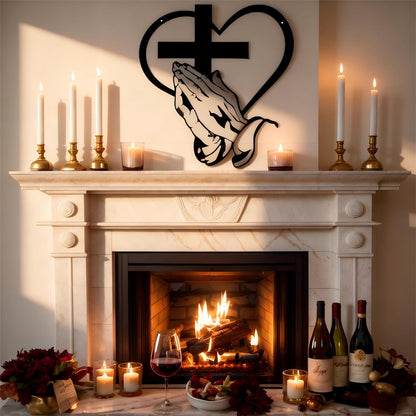 Easter Elegant Metal Christian Heart & Cross Wall Decor Art, Praying Hands Design 12" Iron Sacred Heart Sign Plaques Decorative for Office, Living Room, Patio Farmhouse Decor (1Pcs) E-50