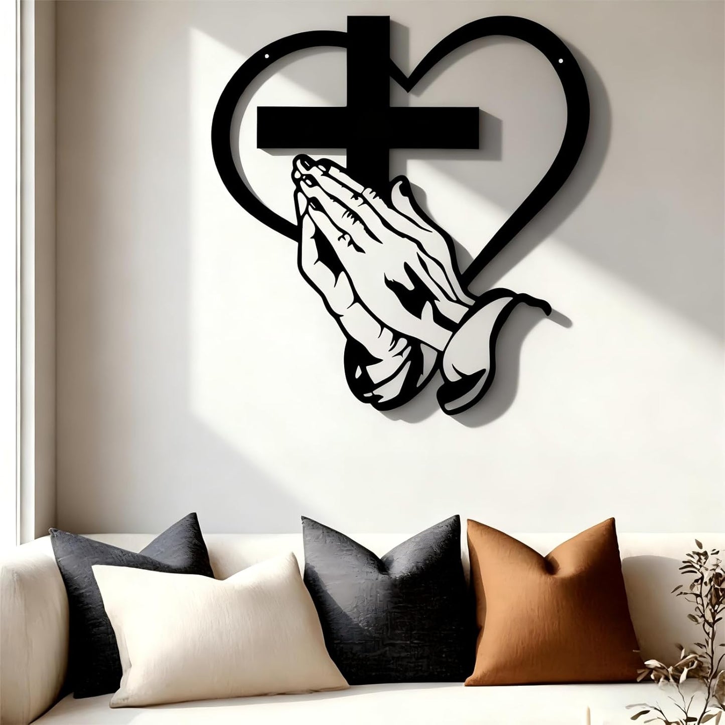 Easter Elegant Metal Christian Heart & Cross Wall Decor Art, Praying Hands Design 12" Iron Sacred Heart Sign Plaques Decorative for Office, Living Room, Patio Farmhouse Decor (1Pcs) E-50
