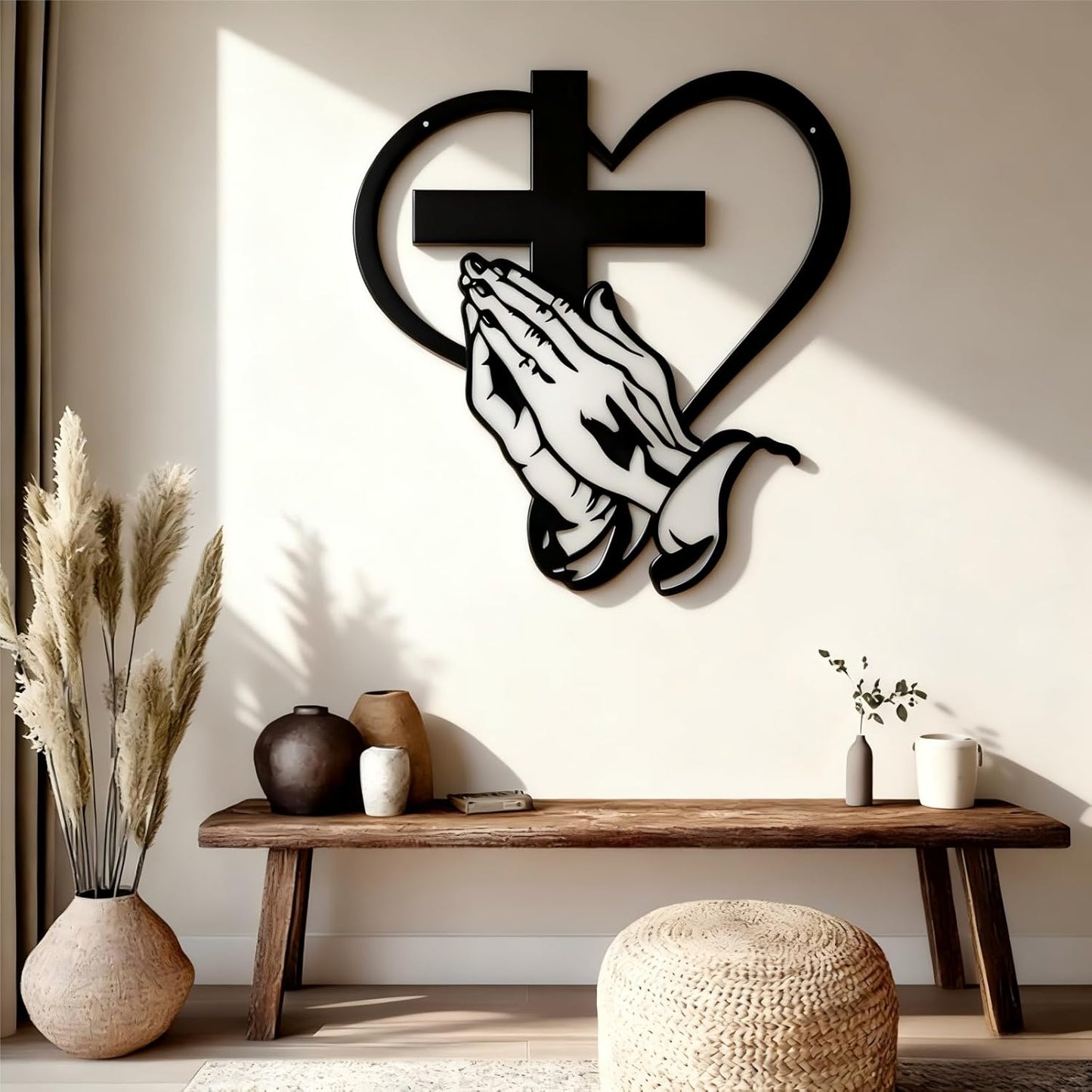 Easter Elegant Metal Christian Heart & Cross Wall Decor Art, Praying Hands Design 12" Iron Sacred Heart Sign Plaques Decorative for Office, Living Room, Patio Farmhouse Decor (1Pcs) E-50