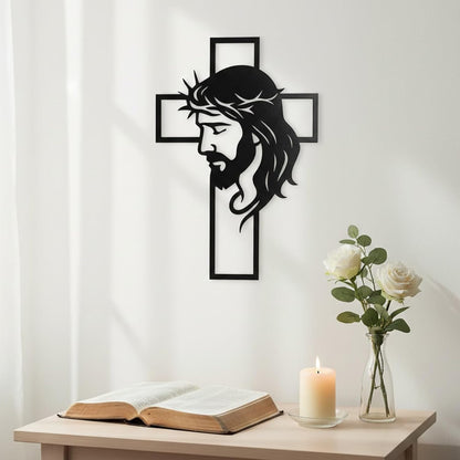Father’s Day Christian Gift, Jesus Cross Metal Wall Art, Religious Wall Sculpture, Christian Faith Decor for Home, Church, Prayer Room, Black, 12.59 x 9.84 Inch E-51