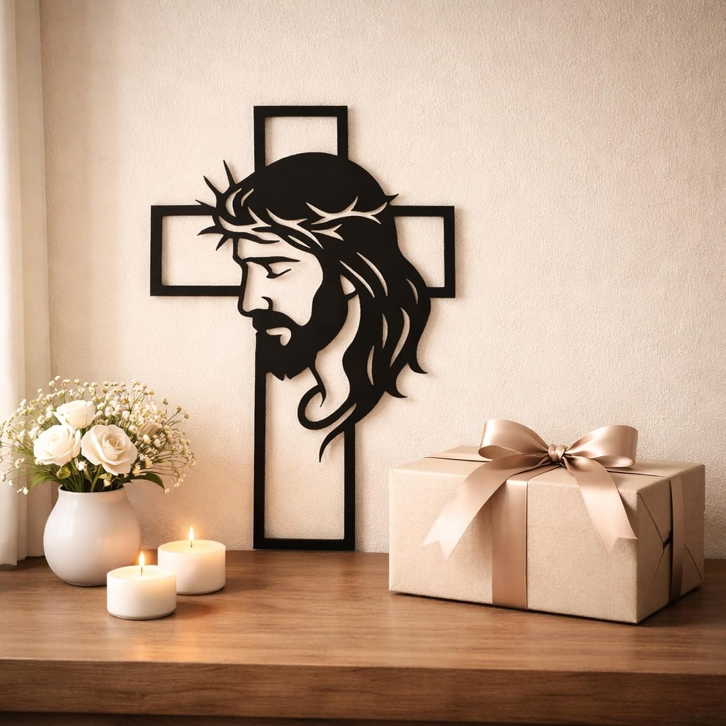 Father’s Day Christian Gift, Jesus Cross Metal Wall Art, Religious Wall Sculpture, Christian Faith Decor for Home, Church, Prayer Room, Black, 12.59 x 9.84 Inch E-51