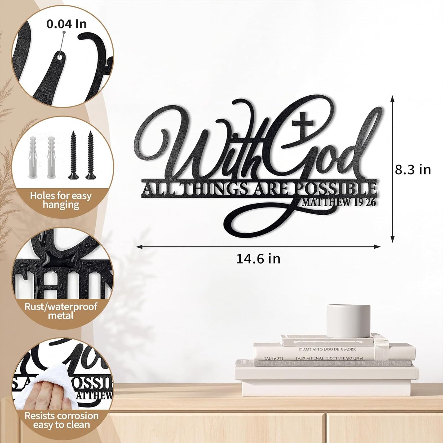With God All Things Are Possible Metal Wall Decor-Scripture Wall Art with Bible Verses,14.6x8.3in Black Christian Inspirational Word Hanging Decor for Living Room Home Office Church E-55