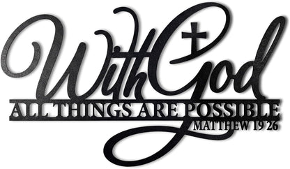 With God All Things Are Possible Metal Wall Decor-Scripture Wall Art with Bible Verses,14.6x8.3in Black Christian Inspirational Word Hanging Decor for Living Room Home Office Church E-55