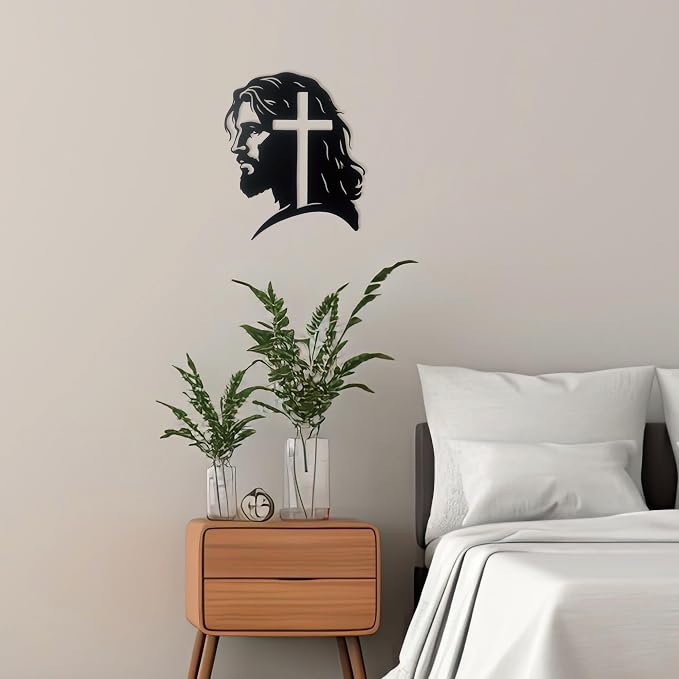 Cross In Jesus Head Silhouette Metal Sculpture Black Crucifix Wall Sign Religious Christian Decor Church Bedroom Living Prayer Room Chapel 11.8x10 In E-59