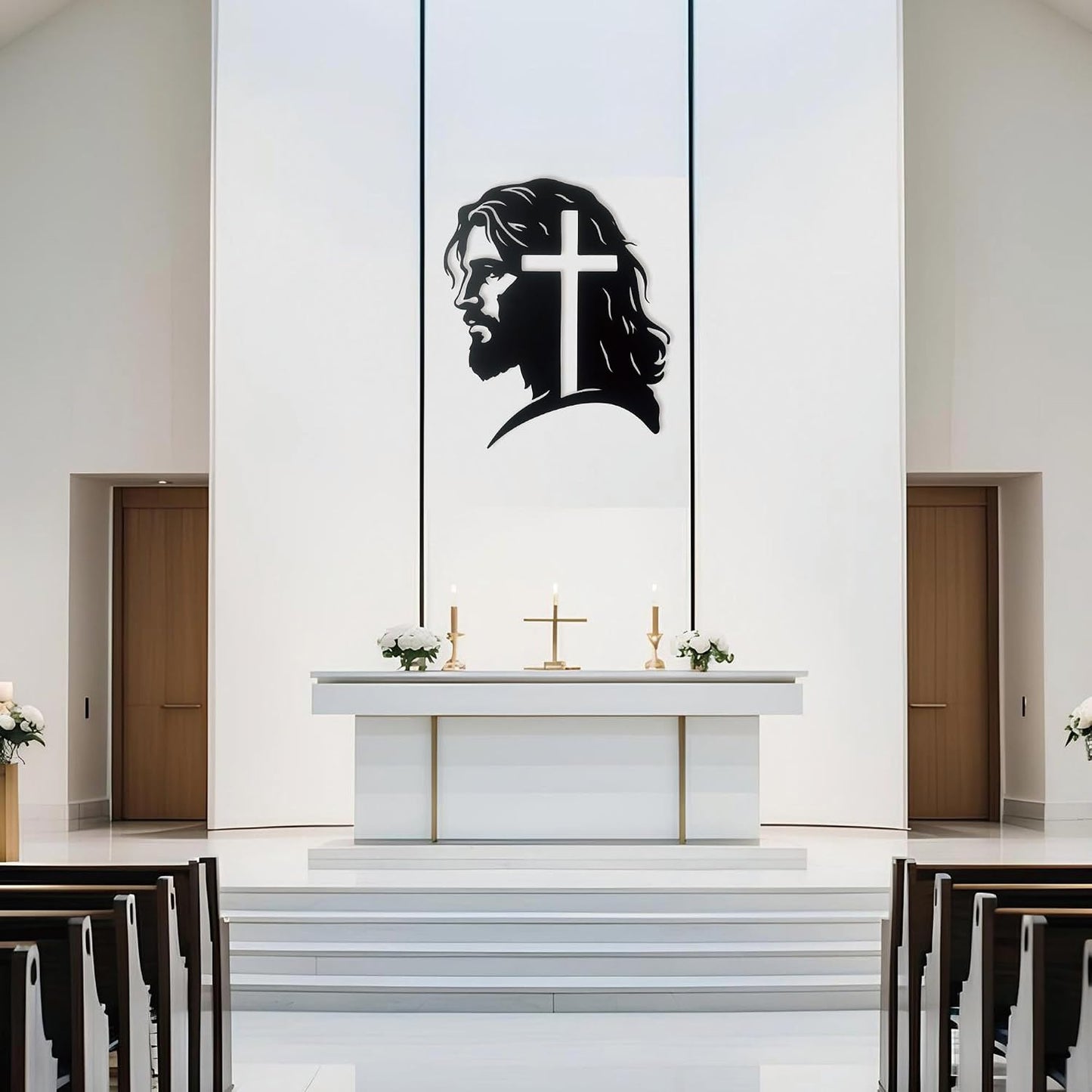 Cross In Jesus Head Silhouette Metal Sculpture Black Crucifix Wall Sign Religious Christian Decor Church Bedroom Living Prayer Room Chapel 11.8x10 In E-59