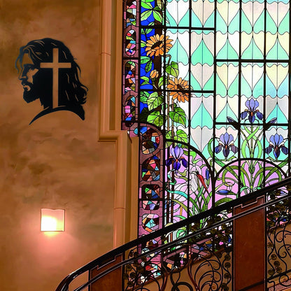 Cross In Jesus Head Silhouette Metal Sculpture Black Crucifix Wall Sign Religious Christian Decor Church Bedroom Living Prayer Room Chapel 11.8x10 In E-59