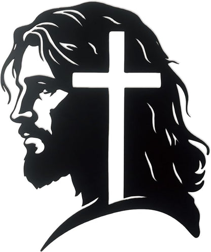 Cross In Jesus Head Silhouette Metal Sculpture Black Crucifix Wall Sign Religious Christian Decor Church Bedroom Living Prayer Room Chapel 11.8x10 In E-59