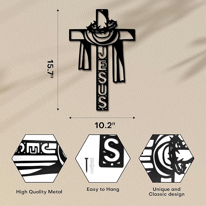Christian Wall Crosses for Home Decor-Premium Metal Cross Wall Decor,Elegant Spiritual Cross for Wall with Timeless Design-Jesus E-60