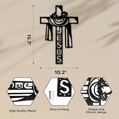 Christian Wall Crosses for Home Decor-Premium Metal Cross Wall Decor,Elegant Spiritual Cross for Wall with Timeless Design-Jesus E-60