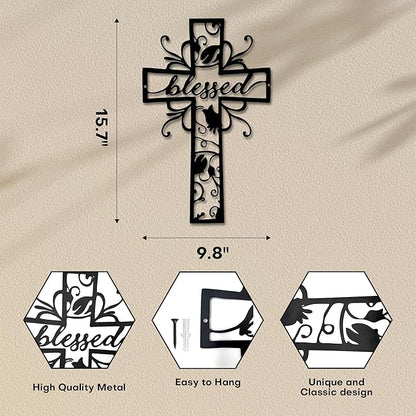 Christian Wall Crosses for Home Decor-Premium Metal Cross Wall Decor,Elegant Spiritual Cross for Wall with Timeless Design-Blessed E-62