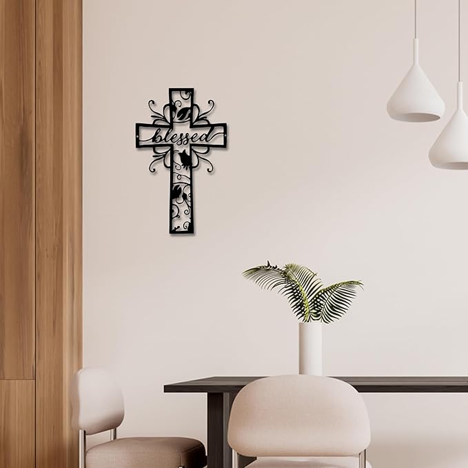 Christian Wall Crosses for Home Decor-Premium Metal Cross Wall Decor,Elegant Spiritual Cross for Wall with Timeless Design-Blessed E-62