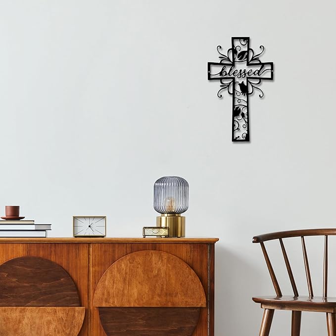 Christian Wall Crosses for Home Decor-Premium Metal Cross Wall Decor,Elegant Spiritual Cross for Wall with Timeless Design-Blessed E-62