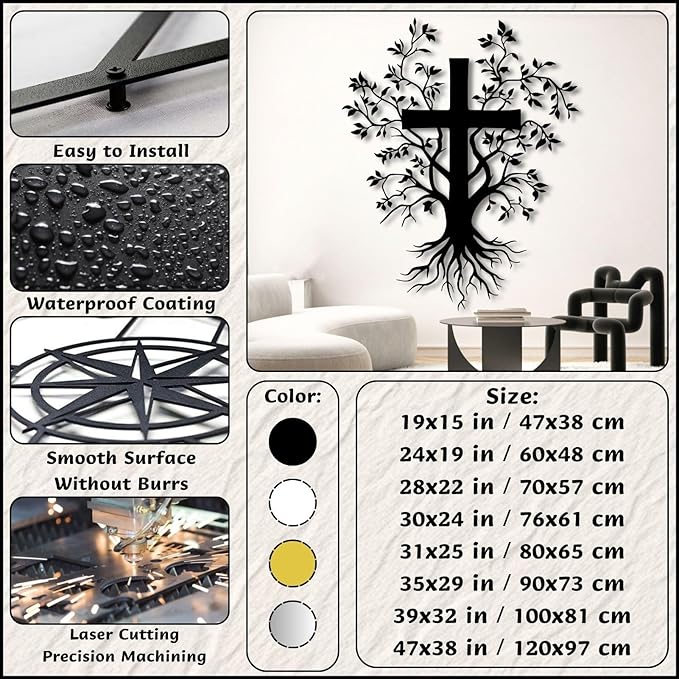 Jesus Cross Metal Wall Art, Metal Tree Branch Wall Decor, Christian Cross For Wall, Metal Crosses Wall Decor, Metal Wall Art for Living Room, Bedroom, Church(Black,60x48 cm/24x19 in) E-63