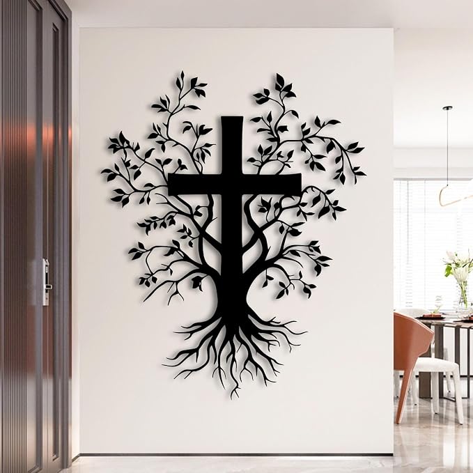 Jesus Cross Metal Wall Art, Metal Tree Branch Wall Decor, Christian Cross For Wall, Metal Crosses Wall Decor, Metal Wall Art for Living Room, Bedroom, Church(Black,60x48 cm/24x19 in) E-63