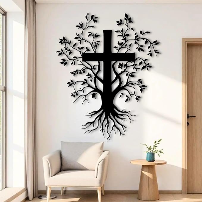Jesus Cross Metal Wall Art, Metal Tree Branch Wall Decor, Christian Cross For Wall, Metal Crosses Wall Decor, Metal Wall Art for Living Room, Bedroom, Church(Black,60x48 cm/24x19 in) E-63