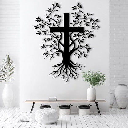 Jesus Cross Metal Wall Art, Metal Tree Branch Wall Decor, Christian Cross For Wall, Metal Crosses Wall Decor, Metal Wall Art for Living Room, Bedroom, Church(Black,60x48 cm/24x19 in) E-63
