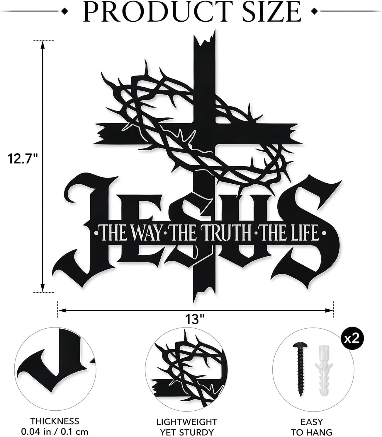 Jesus Wall Art Cross Wall Decor with Crown of Thorns - Metal Christian Wall Art "The Way The Truth The Life" Sign, Black Iron Religious Wall Art & Christian Wall Decor for Home Living Room Church E-64