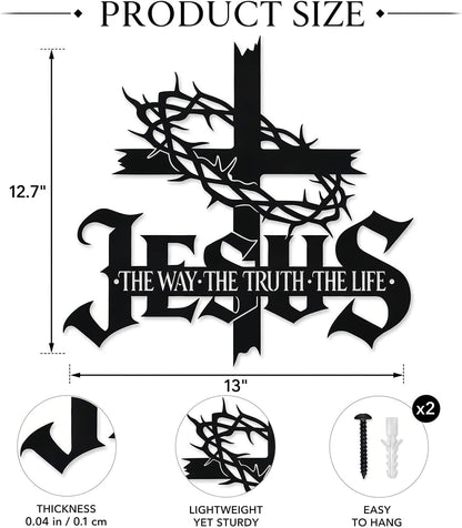 Jesus Wall Art Cross Wall Decor with Crown of Thorns - Metal Christian Wall Art "The Way The Truth The Life" Sign, Black Iron Religious Wall Art & Christian Wall Decor for Home Living Room Church E-64
