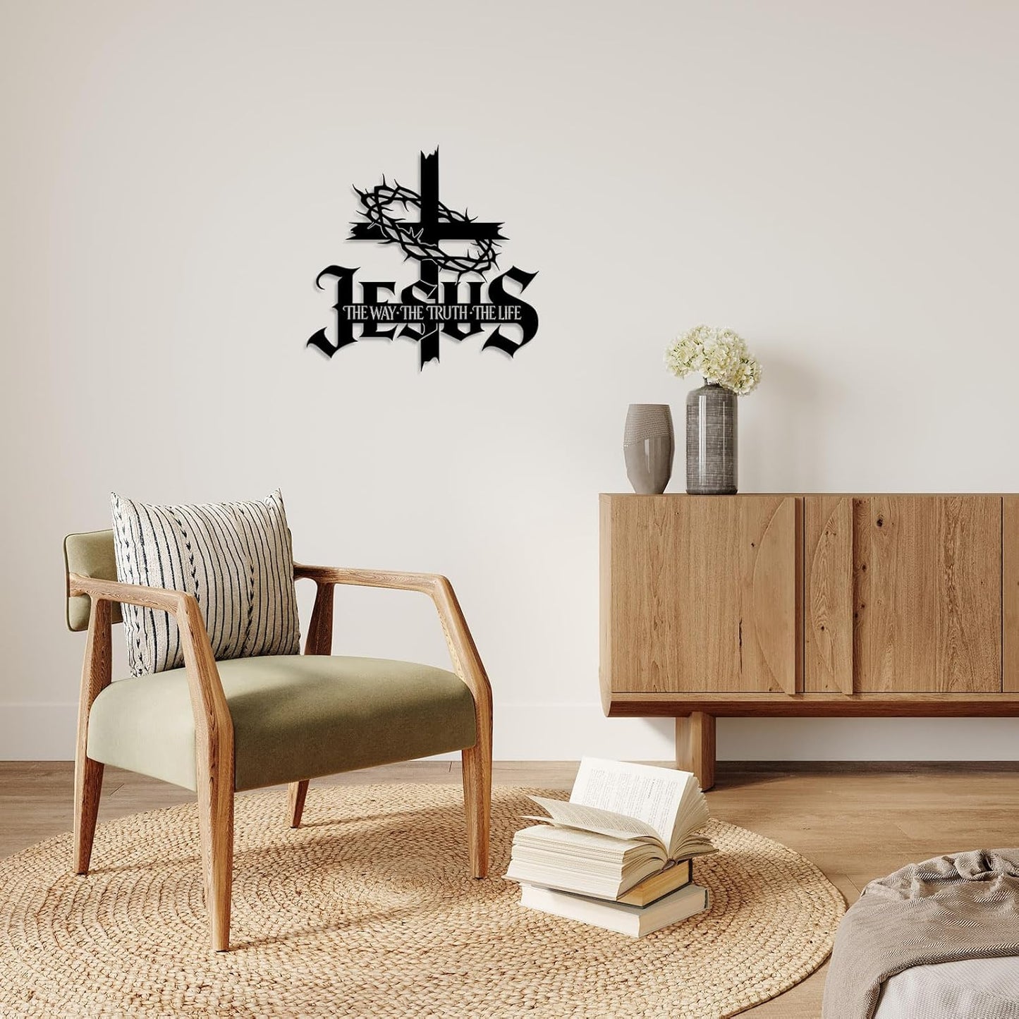 Jesus Wall Art Cross Wall Decor with Crown of Thorns - Metal Christian Wall Art "The Way The Truth The Life" Sign, Black Iron Religious Wall Art & Christian Wall Decor for Home Living Room Church E-64