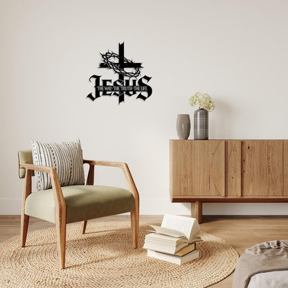Jesus Wall Art Cross Wall Decor with Crown of Thorns - Metal Christian Wall Art "The Way The Truth The Life" Sign, Black Iron Religious Wall Art & Christian Wall Decor for Home Living Room Church E-64
