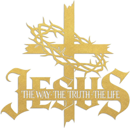 Jesus Wall Art Cross Wall Decor with Crown of Thorns - Metal Christian Wall Art "The Way The Truth The Life" Sign, Black Iron Religious Wall Art & Christian Wall Decor for Home Living Room Church E-64
