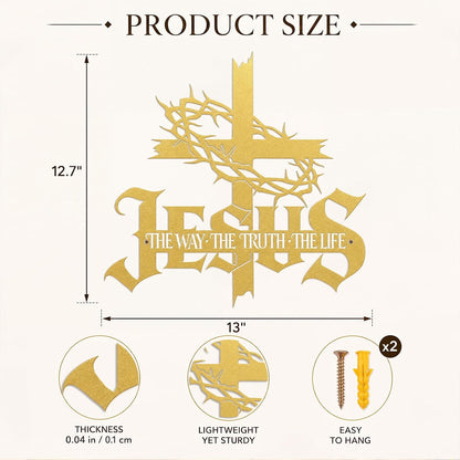 Jesus Wall Art Cross Wall Decor with Crown of Thorns - Metal Christian Wall Art "The Way The Truth The Life" Sign, Black Iron Religious Wall Art & Christian Wall Decor for Home Living Room Church E-64